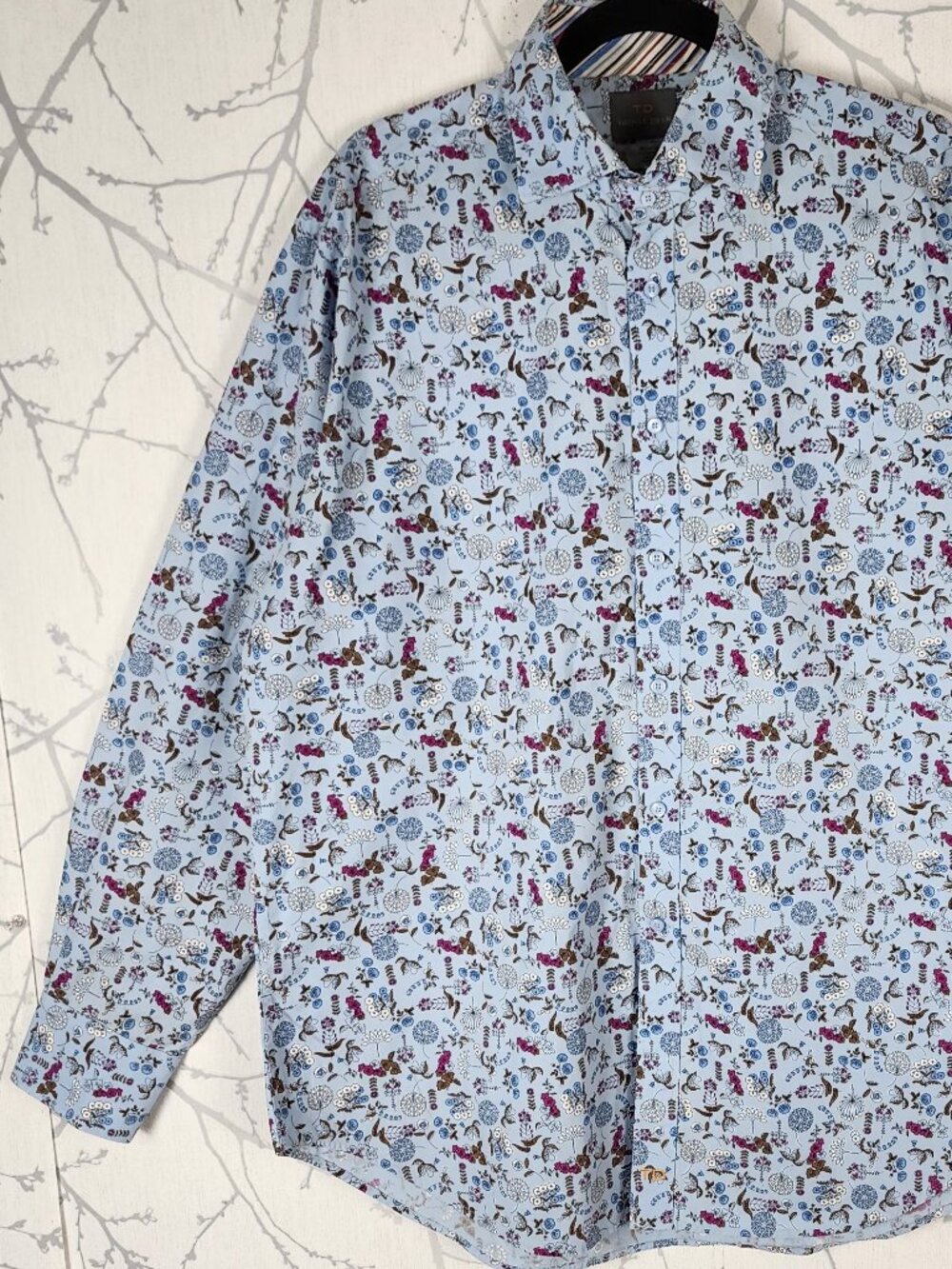 Thomas Dean Blue Floral Print Cotton Button Front Shirt